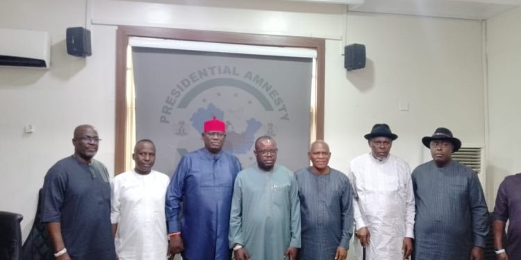 L-R-: Technical Assistant to the PAP Administrator, Edgar Biu; Prof. Steve Azaiki; President of Ijaw National Congress, Prof. Benjamin Okaba; PAP Administrator, Dr Dennis Otuaro; Secretary of INC, Ebipamowei Wodu; Philip Agu (Treasurer; and Kennedy Odiowei (Financial Secretary) during a familiarisation visit by the INC to PAP Office in Abuja on Thursday, July 18, 2024.