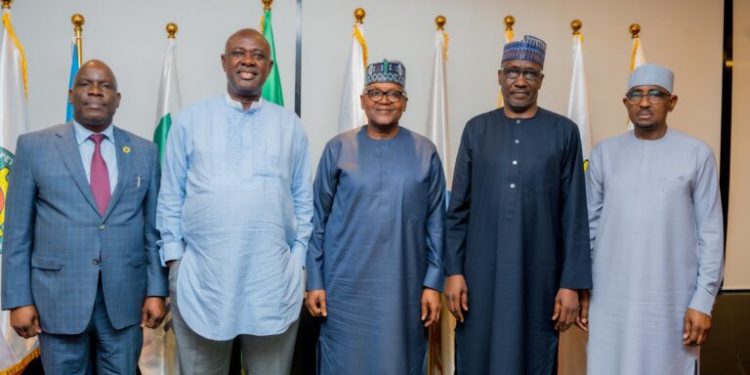 L-R: Mr Gbenga Komolafe, Commission Chief Executive, Nigerian Upstream Petroleum Regulatory Commission (NUPRC); Sen Heineken Lokpobiri, Minister of Petroleum Resources (oil); Mr Aliko Dangote, Chairman/CEO, Dangote Group; Mr Mele Kyari, Group Chief Executive Officer of the Nigerian National Petroleum Company Limited (NNPC Ltd.) and Mr Farouk Ahmed, Authority Chief Executive, Nigerian Midstream and Downstream Petroleum Regulatory Authority (NMDPRA) after a closed-door meeting to resolve the crisis between Dangote Refinery and some oil players.