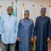 L-R: Mr Gbenga Komolafe, Commission Chief Executive, Nigerian Upstream Petroleum Regulatory Commission (NUPRC); Sen Heineken Lokpobiri, Minister of Petroleum Resources (oil); Mr Aliko Dangote, Chairman/CEO, Dangote Group; Mr Mele Kyari, Group Chief Executive Officer of the Nigerian National Petroleum Company Limited (NNPC Ltd.) and Mr Farouk Ahmed, Authority Chief Executive, Nigerian Midstream and Downstream Petroleum Regulatory Authority (NMDPRA) after a closed-door meeting to resolve the crisis between Dangote Refinery and some oil players.