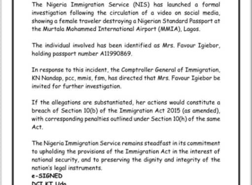 Woman who tore husband’s Passport at Lagos Airport may be prosecuted under  Section 10(b) of Immigration Act 2015  