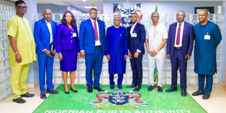 Managing Director/CEO Nigerian Ports Authority (NPA) Dr. Abubakar Dantsoho (Middle), Executive Director Marine & Operations NPA , Engr. Olalekan Badmus (4th Left), Chief Executive Officer Callup Technology Services Limited Mr. Timi Koleolu (4th Right), Chairman Callup Technology Services Limited, Mr. Ayodele DUROWAIYE (3rd Right), General Manager Marine & Operations NPA, Captain Jerome Angyunwe (2nd Right) and top officials of the NPA and Callup Technology Services Limited on Monday 19th August, 2024 when the Board and  Executive Management of Callup Technology Services Limited paid a Pre-Implementation visit to the NPA Headquarters in Marina.