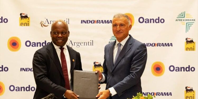 L-R: Wale Tinubu, CON, Group Chief Executive, Oando PLC and Guido Brusco, Chief Operating Officer, General Director of Natural Resources, ENI; at the signing for the acquisition of the Nigerian Agip Oil Company (NAOC) on Thursday, Aug. 22nd, in London, United Kingdom