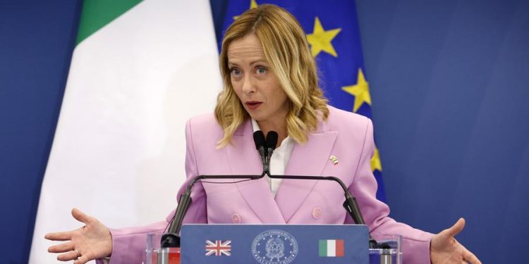(240916) -- ROME, Sept. 16, 2024 (Xinhua) -- Italian Prime Minister Giorgia Meloni attends a press conference with British Prime Minister Keir Starmer (not in the picture) at Villa Doria Pamphili in Rome, Italy, on Sept. 16, 2024. The two leaders held a closed-door session before addressing the media, discussing immigration, the Russia-Ukraine conflict, energy policy, economic growth, and post-Brexit relations between the UK and the European Union. (Photo by Alberto Lingria/Xinhua)