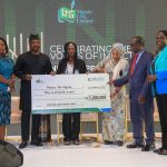 (L-R) Funke Egbemode (FNGE); Andy Odeh (NLNG); Prisca Sam-Duru of Vanguard newspaper; Kadaria Ahmed (Judge), Chido Nwakanma (Judge) and Anne-Marie Palmer-Ikuku (NLNG) during a one-time award to Prisca for her contributions to The Nigeria Prizes at the an event in Lagos themed “Celebrating the Voices of Impact” to celebrate the 20th anniversary of the prizes