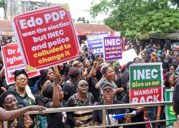 PDP women protest alleged rigging of Edo guber election by INEC, Police, APC; vow to reclaim Ighodalo’s mandate