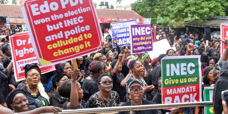 PDP women protest alleged rigging of Edo guber election by INEC, Police, APC; vow to reclaim Ighodalo’s mandate