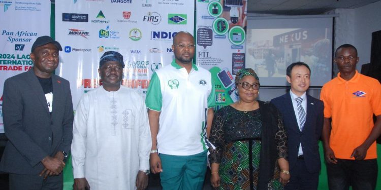 L- R: Head SME Banking, United Bank for Africa (Plc), Babatunde Ajayi; Member, Trade Promotion Board/ Vice President, Lagos Chamber of Commerce and Industry (LCCI), Engr Opeyemi Aminu; Member Trade Promotion Board/ Vice President, LCCI, Akinbo Akin Olugbade; Representative of the Executive Chairman Lagos East LCDA,  Mrs Monsurat Balogun; Managing Director, Japan External Trade Organisation (JETRO), Takash Ok; Business Manager, FEDAN Limited, Festus Eluma during the Press Conference of the Lagos International Trade Fair 2024 in Lagos...on Wednesday.