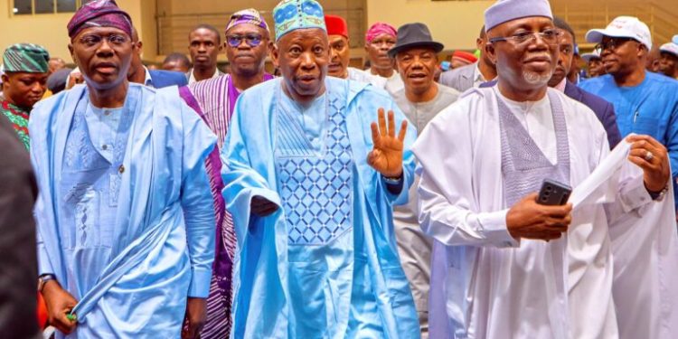 Alt="Gov. Babajide Sanwo-Olu of Lagos State, APC National Chairman, Alhaji Abdullahi Ganduje and Gov. Lucky Aiyedatiwa of Ondo State arriving for the South-West APC Governors’ Forum stakeholders meeting on Sunday in Akure"