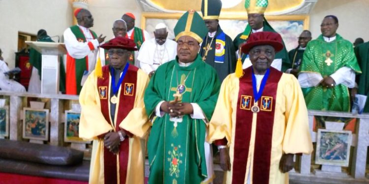 Former Presidents Olusegun Obasanjo, Yakubu Gowon and Dr Oliver Aba Prelate, Methodist Church Nigeria during the event.
