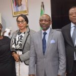Alt="L-R Director Citizens Mediation Center, Mrs Abiola Oseni; Coordinator Mobile Court, Mrs Arinola Ogbara-Banjoko; Lagos Attorney-General and Commissioner for Justice, Mr Lawal Pedro (SAN); Director of Civil Litigation, Mr Hammed Oyenuga; during a news conference to announce strategic stakeholders meeting, in Ikeja"