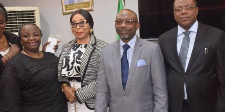 Alt="L-R Director Citizens Mediation Center, Mrs Abiola Oseni; Coordinator Mobile Court, Mrs Arinola Ogbara-Banjoko; Lagos Attorney-General and Commissioner for Justice, Mr Lawal Pedro (SAN); Director of Civil Litigation, Mr Hammed Oyenuga; during a news conference to announce strategic stakeholders meeting, in Ikeja"