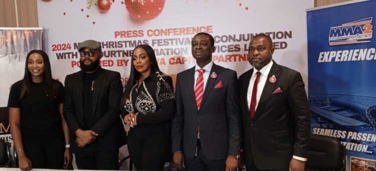 Alt="L-R: Managing Partner, MBR Signature, Mrs Ezinne Ezeani; Managing Director, MBR Signature, Mr Stanley Ezeani; Chief Executive Officer, Optiva Capital Partners, Dr Jane Kimemia; Chief Operating Officer/Head of Space and Premises, Bi-Courtney Aviation Services Ltd. Mr Kola Bamigboye; and Chief Operating Officer/Head of Aeronautics and Cargo Services, Bi-Courtney Aviation Services Ltd. Mr Remi Jibodu; at the press conference to announce 2024 MBR Christmas Festival at the Murtala Muhammed Airport Terminal Two on Wednesday in Lagos"