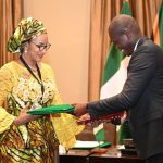 Nigeria’s Minister of State, Foreign Affairs, Mrs. Bianca Odumegwu-Ojukwu and South Africa's Minister of International Relations and Cooperation, Ronald Lamola, exchanging documents at the 11th session of Nigeria South Africa Bi-National Commission at Tuynhuys, Cape Town, South Africa...on Tuesday.