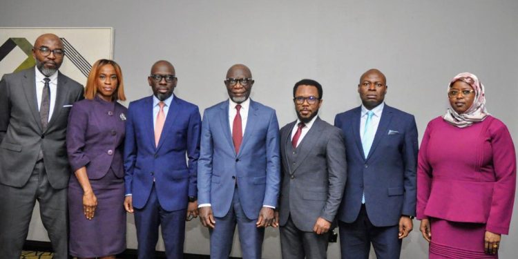 L-R: The Technical Assistant to the Managing Director/Chief Executive Officer of Asset Management Corporation of Nigeria (AMCON); *Mr. Mohammed Yusuf*; the Company Secretary AMCON *Mrs Oyinlola Adebayo*; Executive Director Resolution/Enforcement, AMCON *Mr. Adeshola Lamidi*; the Managing Director/CEO, *Mr. Gbenga Alade*; Head, Corporate Communications Department *Mr. Jude Chiedozie Nwauzor*; *Mr Patrick Daniels* the Technical Assistant to the Executive Director Resolution, and *Hauwau Ibrahim* of Corporate Communications Department at the just concluded media interactive  session in Lagos on Thursday...in Lagos