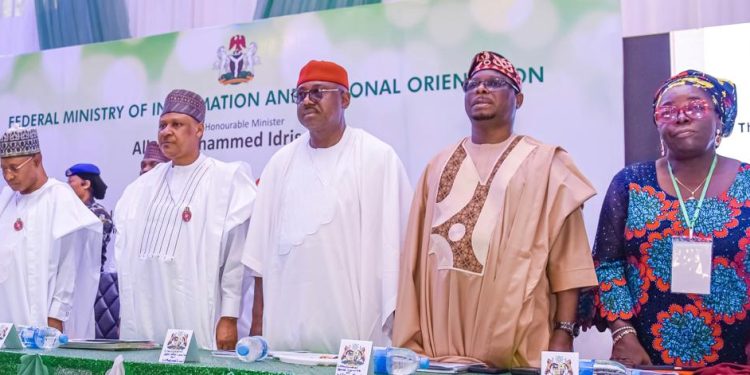 L-R: Kaduna State Governor, Senator Uba Sani; Minister of Information and National Orientation, Mohammed Idris; Chairman, Senate Committee on Information and National Orientation, Senator Kenneth Eze; Chairman House Committee on Information, National Orientation, Ethics, and Values, Hon. Olusola Steve Fatoba and the Director overseeing the office of the Permanent Secretary, Federal Ministry of Information and National Orientation, Mrs. Comfort Ajiboye at the 48th National Council of Information and National Orientation in Kaduna...on Friday