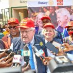 L-R: Past District Governor/Chairman of the Committee on Trustees Visit to Nigeria, PDG Victor Onukwuga; the Chairman of the Board of Trustees, Rotary International Foundation/former President of Rotary International, Mark Moloney; Partner of Trustee Chair, Rotary Foundation, Gay Blackburn Maloney; Past District Gov and Chairman  Nigeria National Polio Eradication Committee, Joshua Hassan, with others, during a symbolic polio immunisation, held at Primary healthcare Jahi Village Ndawuse, in Abuja.