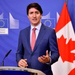 Canada's Prime Minister Justin Trudeau delivers a statement after a meeting with European Commission President at the EU headquarters in Brussels, on March 23, 2022. - Trudeau is in Brussels to attend an extraordinary NATO summit which will take place on March 24, 2022. (Photo by Geert Vanden Wijngaert / POOL / AFP) (Photo by GEERT VANDEN WIJNGAERT/POOL/AFP via Getty Images)