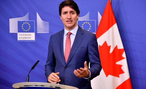 Canada's Prime Minister Justin Trudeau delivers a statement after a meeting with European Commission President at the EU headquarters in Brussels, on March 23, 2022. - Trudeau is in Brussels to attend an extraordinary NATO summit which will take place on March 24, 2022. (Photo by Geert Vanden Wijngaert / POOL / AFP) (Photo by GEERT VANDEN WIJNGAERT/POOL/AFP via Getty Images)