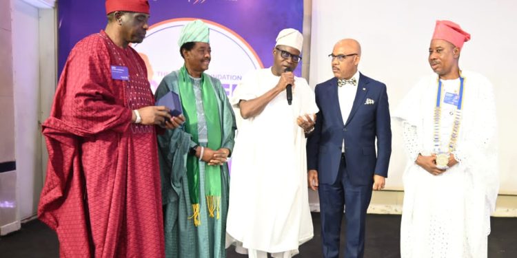 L-R: Past District Governor, Jide Akeredolu; CEO, Colenson Group, Chief Michael Olawale-Cole; President, Rotary Club of Lekki Phase 1, Rtn. Shina Elusakin; immediate past Group Managing Director of FBN Holdings Plc, Elder Urum Kalu Eke, and District Governor, Rotary International District 9112, Femi Adenekan at the Rotary Foundation Dinner & Dance held at the Civic Centre, Victoria Island, Lagos.