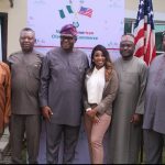 L-R: Legal Adviser of the Nigerian-American Chamber of Commerce, Chuba Mbanefo; Board Director & Chairman of Programmes Committee, Dr. Ikenna Nwosu; Deputy President, Ehi Braimah;  Acting Director-General, Wofai Samuel; President, Sheriff Balogun and Treasurer, Tobi Oduyale, at the press conference in Lagos.