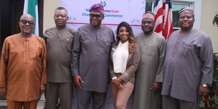 L-R: Legal Adviser of the Nigerian-American Chamber of Commerce, Chuba Mbanefo; Board Director & Chairman of Programmes Committee, Dr. Ikenna Nwosu; Deputy President, Ehi Braimah;  Acting Director-General, Wofai Samuel; President, Sheriff Balogun and Treasurer, Tobi Oduyale, at the press conference in Lagos.