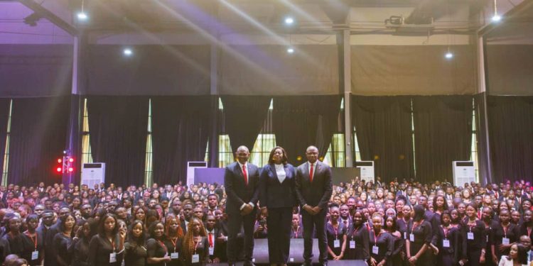 From left: Group Chairman, United Bank for Africa(UBA), Mr. Tony O. Elumelu; CEO, UBA Africa, Mrs Abiola Bawuah; and GMD/CEO, UBA Group, Mr. Oliver Alawuba, flanked by graduates of the Bank's Graduate Management Accelerated Programme(GMAP) Class of 2025, at the graduation ceremony held for over one thousand trainees from across Africa in Lagos...on Wednesday