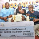 L-R: Chief Operating Officer (COO), Dickens Sanomi Foundation, Mr. Goodluck Hayi; Conjoined Twins, Hassana and Hussaina; their father, Mohammed Ashiru and National Coordinator, Global Initiative for Peace, Love and Care (GIPLC), Nuhu Fulani Kwajafa, during the presentation of N200 million in cheques to conjoined twins (Hassana & Hussaina), and 11 other children, organised by GIPLC in Abuja.