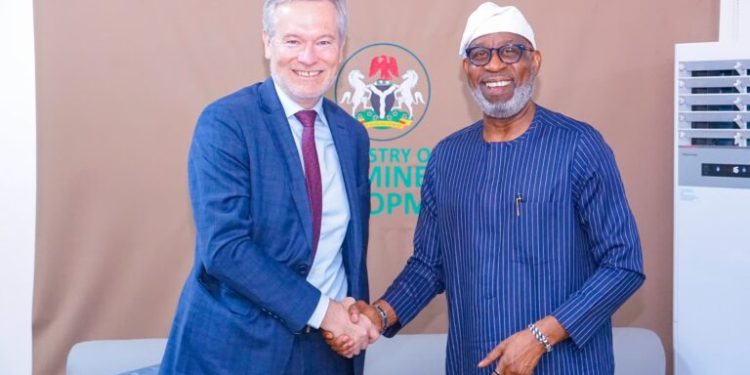 Alt="EU Ambassador to Nigeria and ECOWAS, Gautier Mignot(left) with the Minister of Solid Minerals Development, Dr Dele Alake, during the ambassador’ courtesy visit to the minster o Tuesday in Abuja"