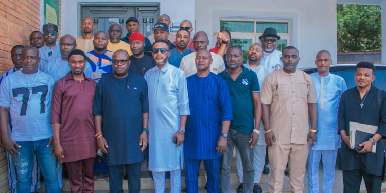 The Administrator of the Presidential Amnesty, Dr Dennis Otuaro (3rd left); national president of the PAP Phase Two Camp Leaders, Salvation Ibena (2nd left) and other members during a courtesy visit to the PAP boss on Wednesday, May 21, 2025.