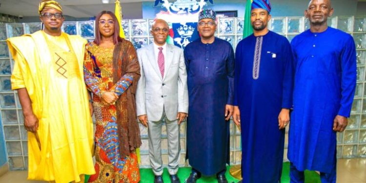 Managing Director/CEO, Nigerian Ports Authority (NPA), Dr Abubakar Dantsoho (third left); President/GCEO, Dangote Group, Aliko Dangote GCON (third right); GCEO MRS Holdings Ltd, Sayyu Dantata (first right); Executive Director, Engineering & Technical Services, Engr. Ibrahim Abba Umar FNSE (second right); Executive Director, Finance, Vivian Richard-Edet (second left) and Executive Director, Marine & Operations, Engr. Olalekan Badmus (FNSE), when the leadership of Dangote Group visited the NPA Headquarters Marina, Lagos.