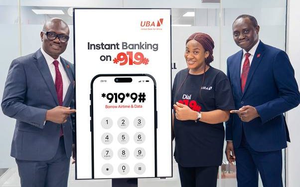 L-R: Group Head, Retail and Digital Banking, United Bank for Africa (UBA), Shamsideen Fashola; Team Lead, USSD and SMS Banking, United Bank for Africa (UBA), Eva Iseh-Akhigbe, and Head, Digital Banking, United Bank for Africa (UBA), Olukayode Olubiyi during the official launch of the Advance Top-Up feature on *919# at the bank’s corporate head office, in Marina, Lagos.