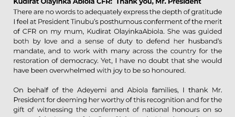 Hafsat Abiola lauds Tinubu over posthumous honour to Kudirat