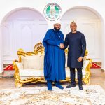 Governor Mohammed Umaru Bago of Niger State (left) and Chairman, Body of Bank CEOs and Group Managing Director/CEO, United Bank for Africa (UBA) Plc, Oliver Alawuba, during the donation of relief materials from the Body of Bank CEOs in Nigeria, aimed at supporting victims of the recent devastating floods in Mokwa Local Government Area held at the Niger State House in Abuja...at the weekend.