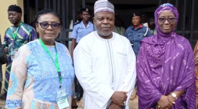 L-R: The Chairperson, Principals of Federal Technical Colleges in the country, Mrs Offorkansi Ifeoma; the Registrar/Chief Executive Officer, NABTEB, Dr. Mohammed Aminu Mohammed; and the Director, Technology & Science Education, Federal Ministry of Education, Dr. Mrs. M.A. Olodo, representing the Minister of Education at the release of the National Common Entrance Examinations results and selection/ placement of candidates into Federal Technical Colleges in Benin, Edo State...on Wednesday.