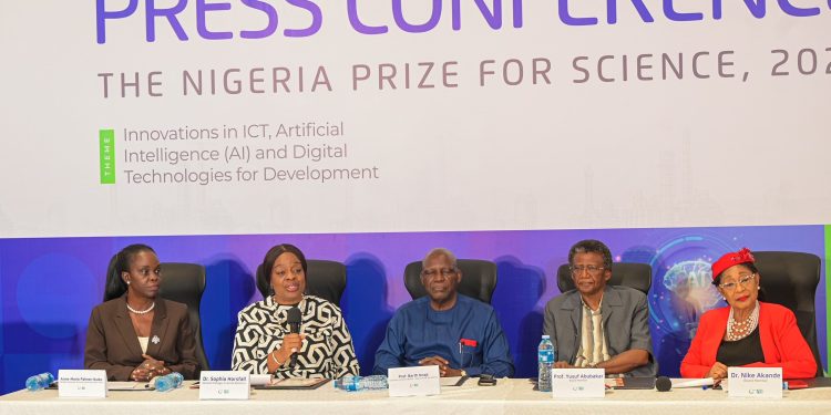 (L-R) Anne-Marie Palmer-Ikuku, Manager, Corporate Communications & Public Affairs; Dr. Sophia Horsfall, GM, External Relations & Sustainable Development; Prof. Barth Nnaji, Chairman, Advisory Board, The Nigerian Prize for Science; Prof Yusuf Abubakar and Dr. Nike Akande, Board Members at the press conference on the 2025 science prize outcome in Lagos...on Wednesday.
