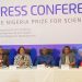 (L-R) Anne-Marie Palmer-Ikuku, Manager, Corporate Communications & Public Affairs; Dr. Sophia Horsfall, GM, External Relations & Sustainable Development; Prof. Barth Nnaji, Chairman, Advisory Board, The Nigerian Prize for Science; Prof Yusuf Abubakar and Dr. Nike Akande, Board Members at the press conference on the 2025 science prize outcome in Lagos...on Wednesday.