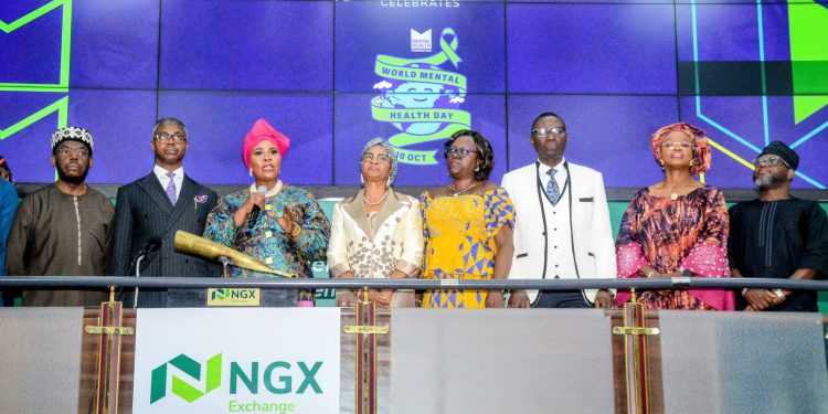 L–R:  Head, Primary Market, Nigerian Exchange Group  Mr. Tony Ibeziako; Chairman, Pinnacle Medical Services, Prince Yusuf Kadiri, SAN; Medical Director, Pinnacle Medical Services, Dr. Maymunah Kadiri; Past National President, Medical Women’s Association of Nigeria, Dr. Dorothy Esangbedo; Representative of National President, Association of Psychiatrists in Nigeria, Dr. Veronica Nyamali; Medical Director, Federal Neuro-Psychiatric Hospital, Yaba, Dr. Olugbenga Owoeye; Medical Director, NTA, Dr. Martina Agberien and President, International Visitor Leadership Program Alumni Association, Mr. Adedayo Oketola, during the Closing Gong Ceremony at the NGX  to commemorate the 2025 World Mental Health Day in Lagos. (Photo: Pinnacle Medical Services) 