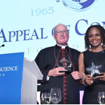 Archbishop of New York and Award Recipient, Cardinal Timothy Dolan and Dr Awele Elumelu, accepting 2025 Appeal of Conscience Award on behalf of her husband, Tony Elumelu, Group Chairman of United Bank for Africa (UBA) and Founder of Tony Elumelu Foundation, at the conferment ceremony on Cardinal Dolan and Mr. Elumelu at the 60th Annual Appeal of Conscience Awards in New York, the United States...on Monday