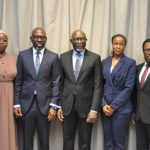 R-L: Head, General Enforcement, Resolution Directorate, Asset Management Corporation of Nigeria (AMCON) Mr Gbolahan Odutayo; Head, Corporate Communications Department, Mr Jude Nwauzor; Company Secretary, Mrs Oyinlola Adebayo; Managing Director/Chief Executive Officer, Mr Gbenga Alade; Executive Director, Resolution, Mr Adeshola Lamidi; Team Member, Corporate Communications Department, Ms Hauwau Ibrahim; and Technical Assistant to the MD/CEO, Mr Mohammed Yusuf at the AMCON year-end Media Parley at Radisson Blu Hotel, Ikeja, Lagos...on Wednesday.