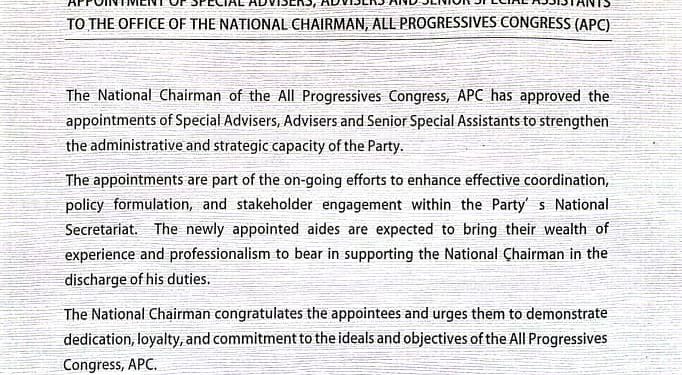 APC National Chairman appoints Special Advisers, Advisers, Senior Special Assistants (see list)