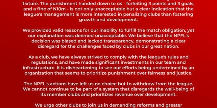 Kun Khalifat FC withdraws from NPFL over sanctions