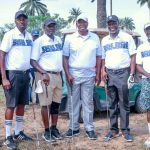 R-L: Professor Kola Adebayo; former Osun Deputy Governor, Mr. Benedict Alabi, Asiwaju Musulumi of Yoruba land, Edo and Delta States, Alhaji Khamis Olatunde Badmus, Dr. Gbenga Oyebode, Mr. Samuel Olowo and Justice Kola Adegoke, at the special birthday golf tournament to commemorate the 75th birthday of the ex-Governor, at Ileogbo Golf and Resorts and LanreLeke Sports Academy, Ileogbo,  Osun State.