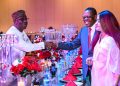 Dakuku Peterside, former Director-General of NIMASA (left), welcoming Chief Don Etiebet and his wife, Dr.  Nike Etiebet, to the Independent Awards 2025, Silver Jubilee Edition, at Eko Hotel and Suites, Lagos...on Saturday.