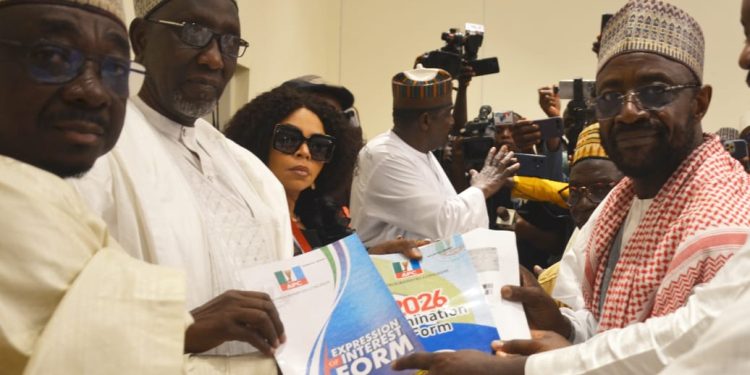 Submission Of Forms: From left, National Vice Chairman North Central, Alh. Bawa Rijao, APC National Organizing Secretary, Alh. Suleiman Arugungu receiving Governorship Forms From   Nasarawa State APC Governorship Aspirant, Prof. Mohammed Haruna  at APC Collection and Submission Centre In Abuja ahead of primaries of the party.