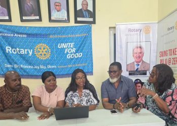 From left is the District Treasurer, Rtn. Omale Agida;  District Executive Secretary, Rtn. Eucheria Ekweozoh; the District Governor, Dame Princess Joy Nky Okoro; the District Conference (DISCON) Chairman, Dr. Emeka Iloegbunam, and the District Public Image Chairperson, Rtn. Ogechukwu Ochuba at a pre-DISCON press briefing in Abuja.