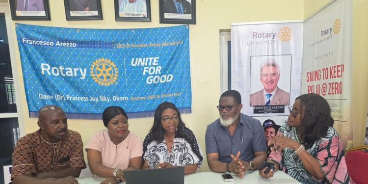 From left is the District Treasurer, Rtn. Omale Agida;  District Executive Secretary, Rtn. Eucheria Ekweozoh; the District Governor, Dame Princess Joy Nky Okoro; the District Conference (DISCON) Chairman, Dr. Emeka Iloegbunam, and the District Public Image Chairperson, Rtn. Ogechukwu Ochuba at a pre-DISCON press briefing in Abuja.