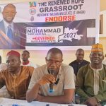L-R: Coordinator of Chiroma Ward, Alhaji Mohammed Nasiru; State Secretary of Renewed Hope Grassroots Movement, Alhaji Umar Abdullahi; Publicity Secretary of the Group, Abdullahi Zakari Shehu, and the Coordinator of Lafia LG, Mr  Haruna Akpo, during a press conference in Lafia to  endorse Prof. Mohammad Sani Haruna for Nasarawa Governorship.