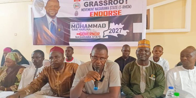 L-R: Coordinator of Chiroma Ward, Alhaji Mohammed Nasiru; State Secretary of Renewed Hope Grassroots Movement, Alhaji Umar Abdullahi; Publicity Secretary of the Group, Abdullahi Zakari Shehu, and the Coordinator of Lafia LG, Mr  Haruna Akpo, during a press conference in Lafia to  endorse Prof. Mohammad Sani Haruna for Nasarawa Governorship.