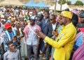 Prof. Mohammad Sani Haruna (right) addressing his supporters during the Northern Zone Mega Rally for the 2027 Nasarawa APC Governorship Primaries in Akwanga, Nasarawa State...yesterday.