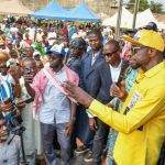 Prof. Mohammad Sani Haruna (right) addressing his supporters during the Northern Zone Mega Rally for the 2027 Nasarawa APC Governorship Primaries in Akwanga, Nasarawa State...yesterday.
